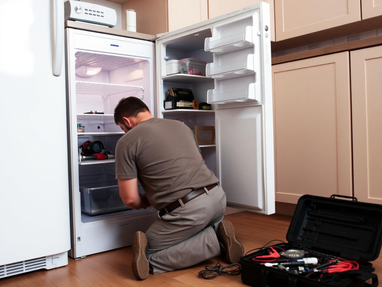 Appliance technician repairing a refrigerator