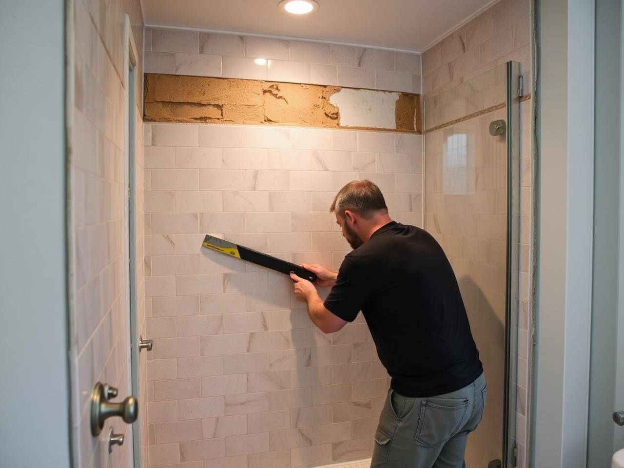Remodeler tiling a new walk-in shower