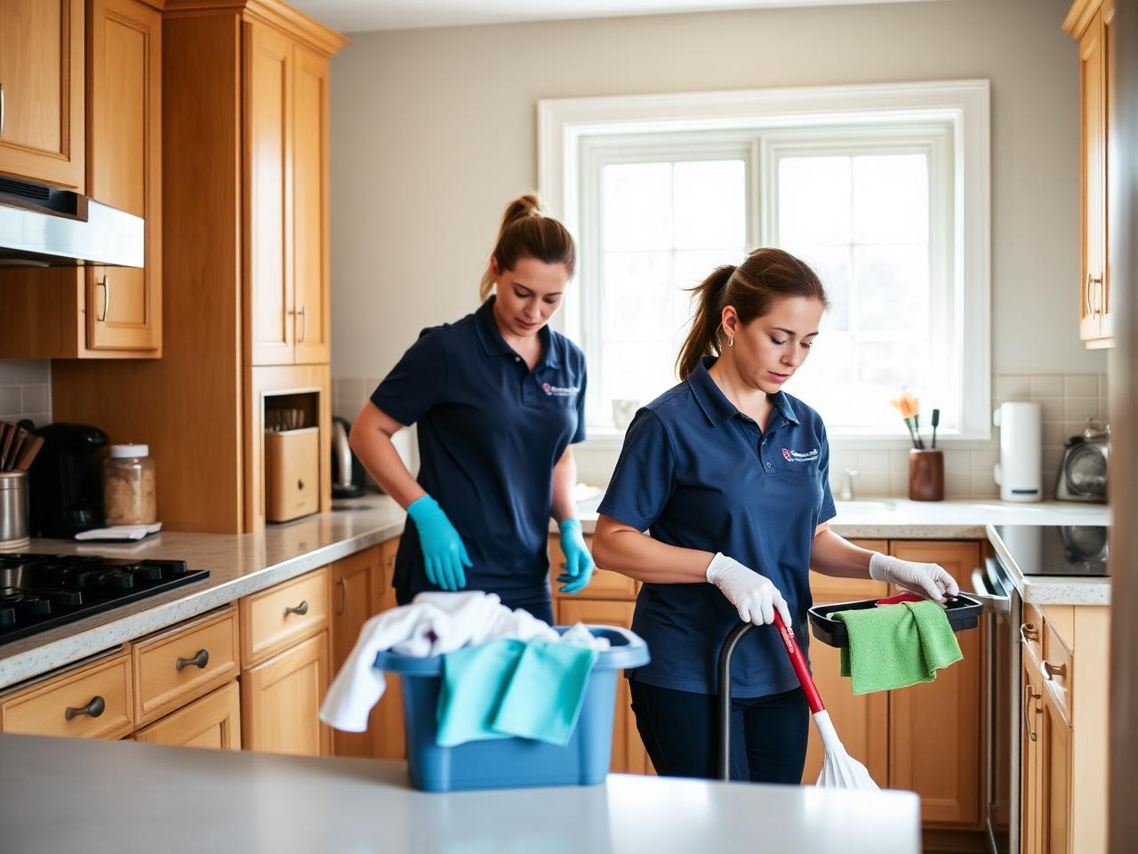 Two house cleaners working in a residential kitchen