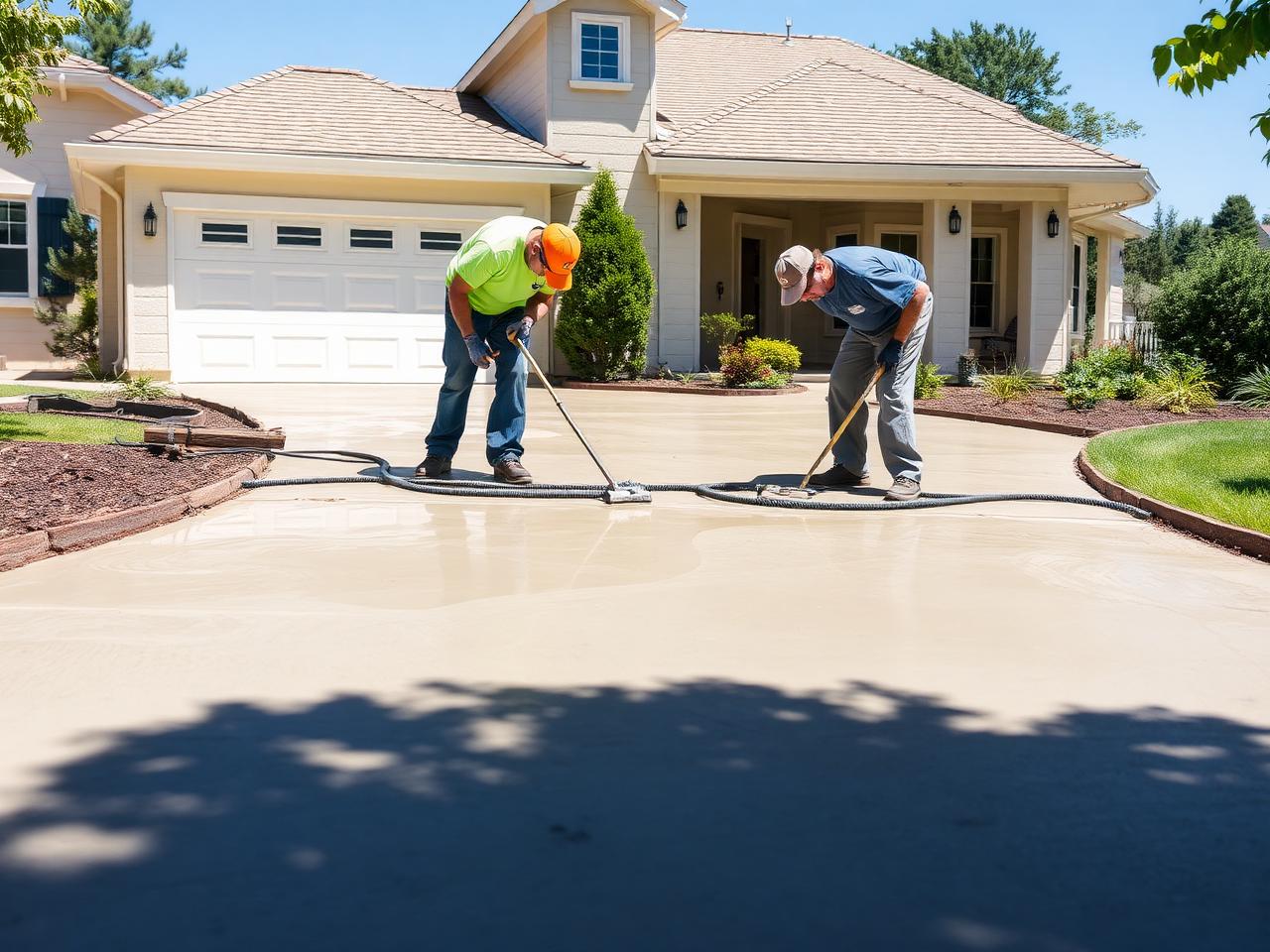 Concrete finishers floating a freshly poured driveway