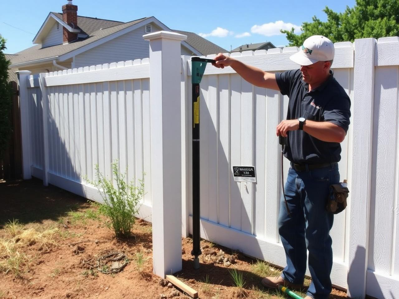 Fence contractor setting a vinyl fence post
