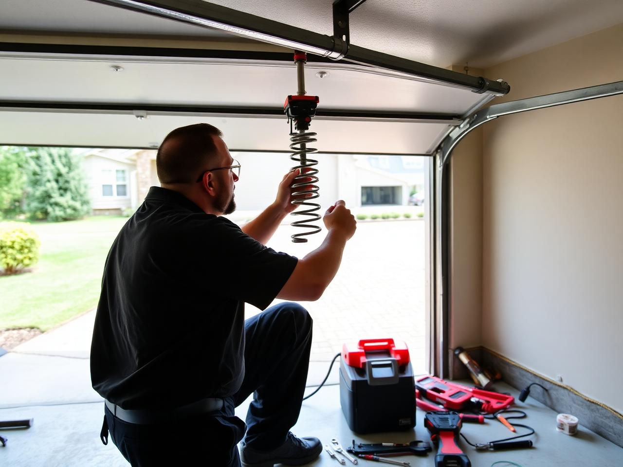 Garage door technician servicing a torsion spring