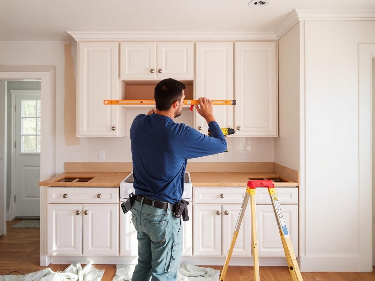 Contractor installing cabinets during a kitchen remodel