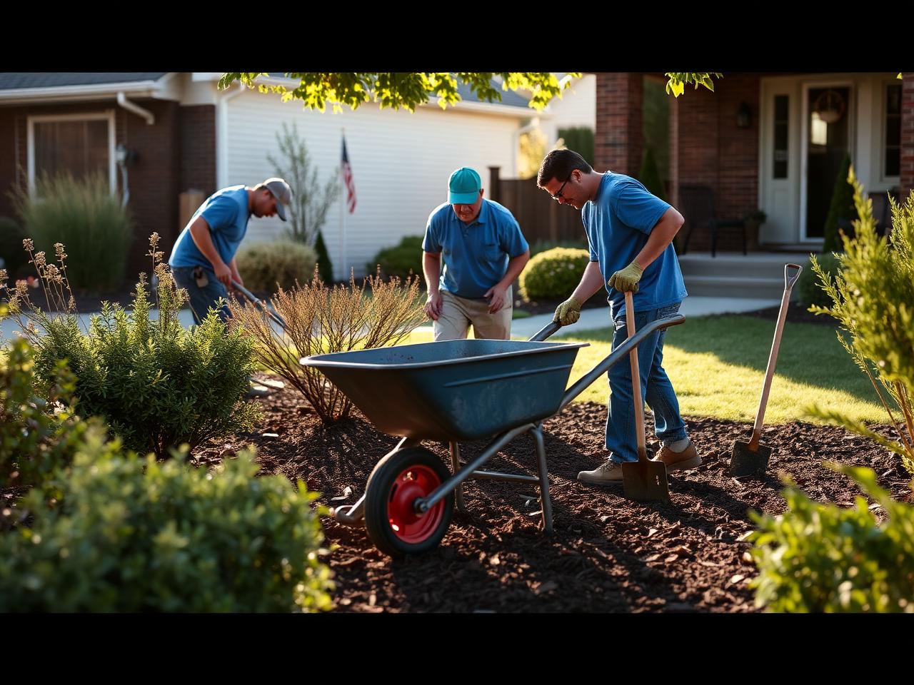Landscaping crew planting shrubs in a front yard