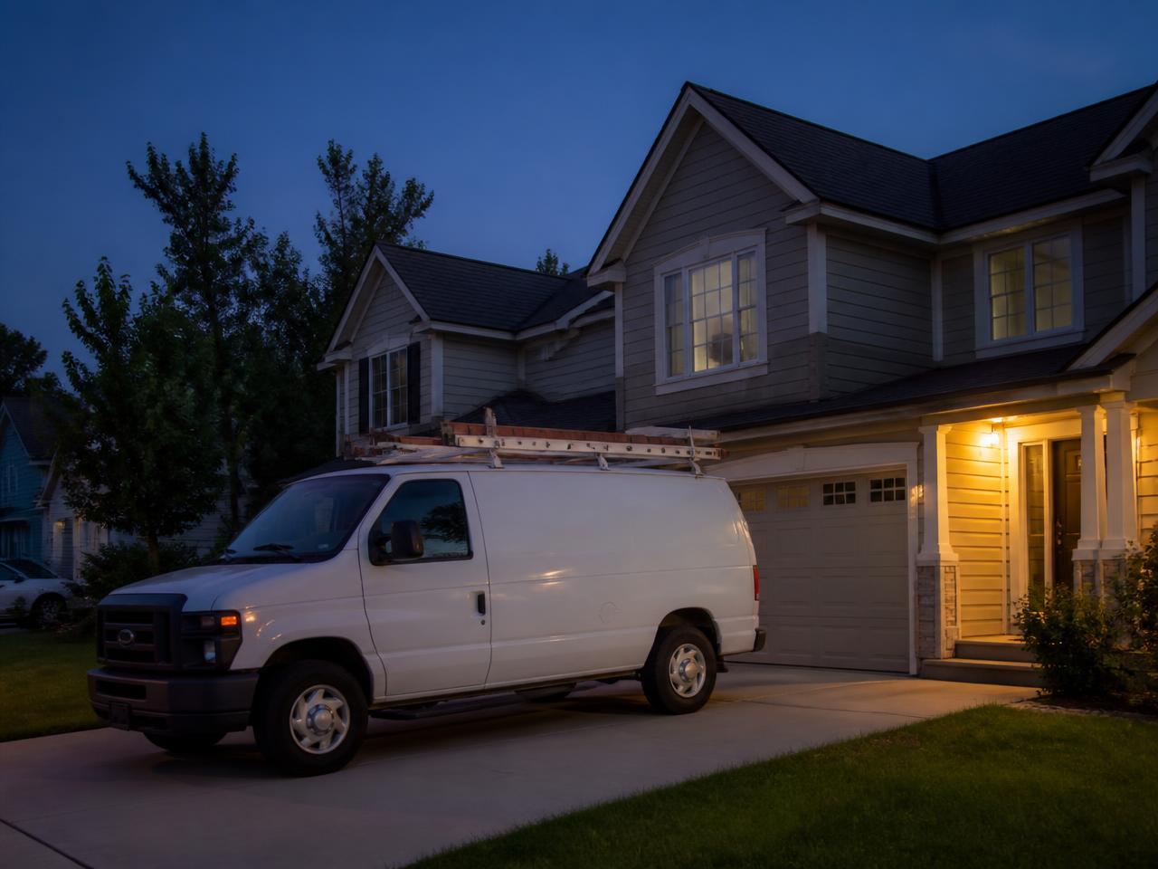 Service van on the road at dusk