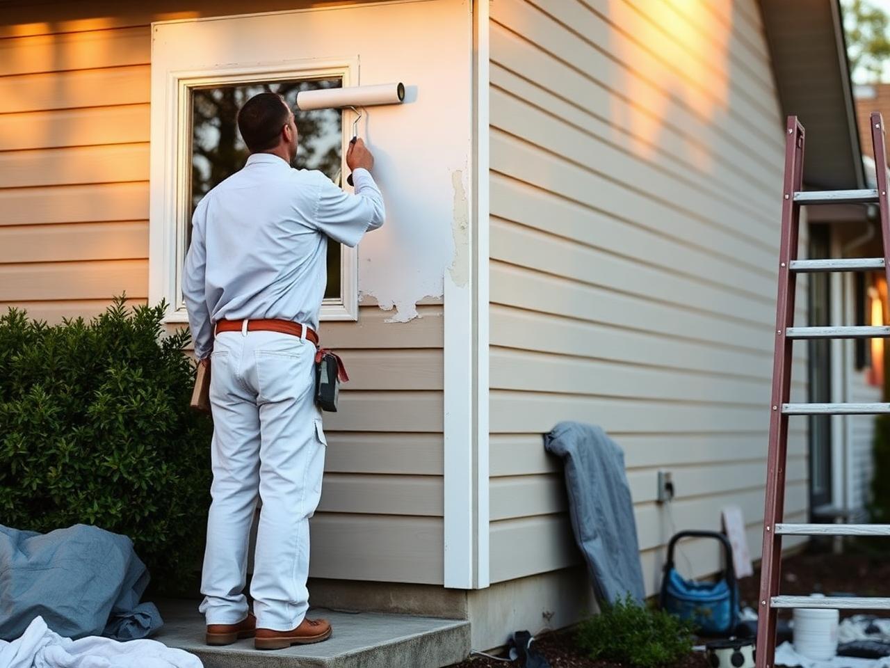 Painting contractor rolling paint on house siding