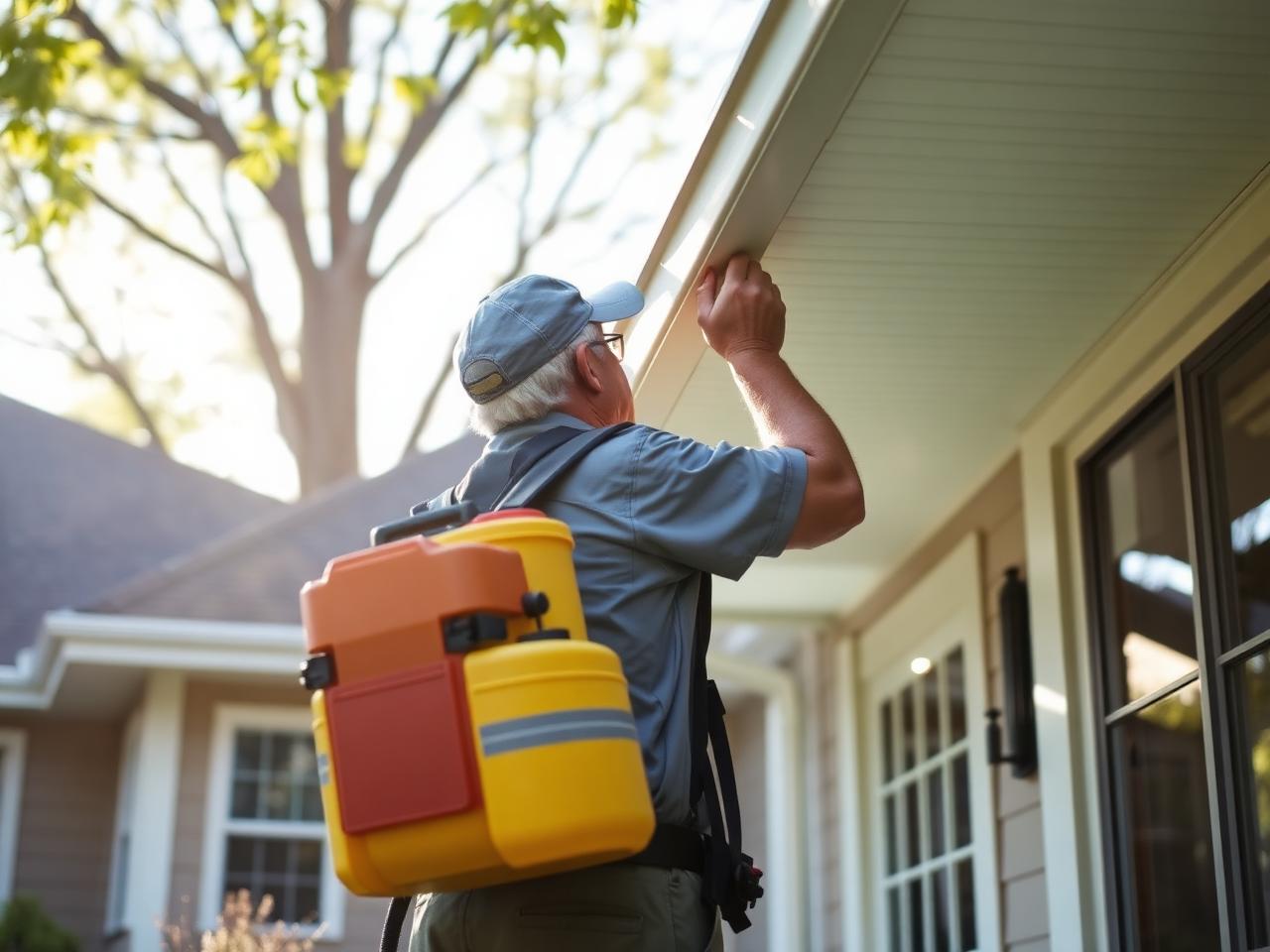 Pest control technician inspecting the eaves of a home