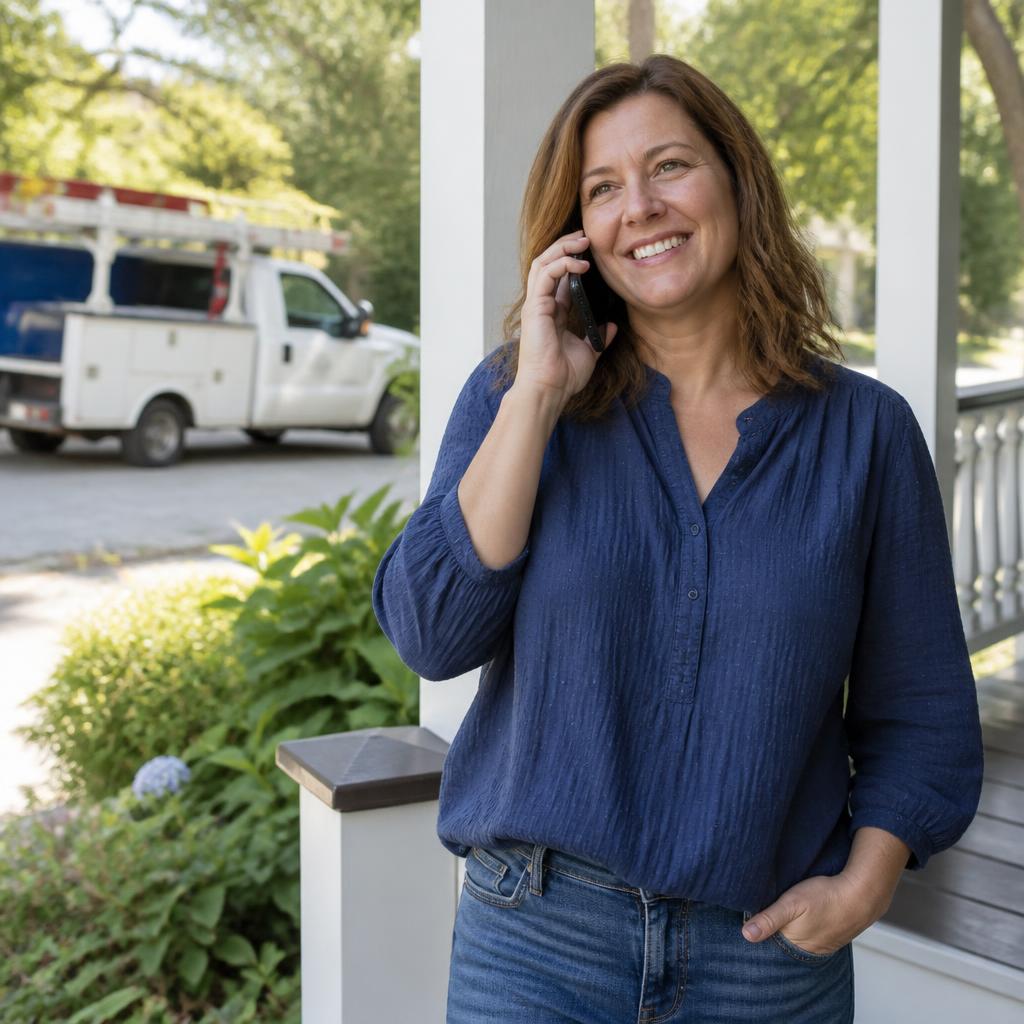 Homeowner on the phone with a service truck in the background