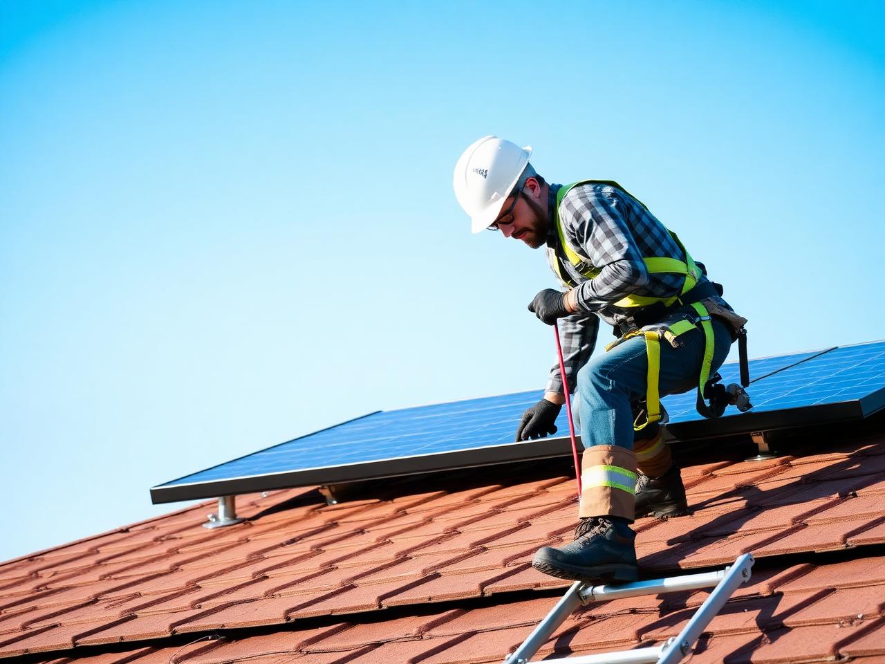 Solar installer securing rooftop panels