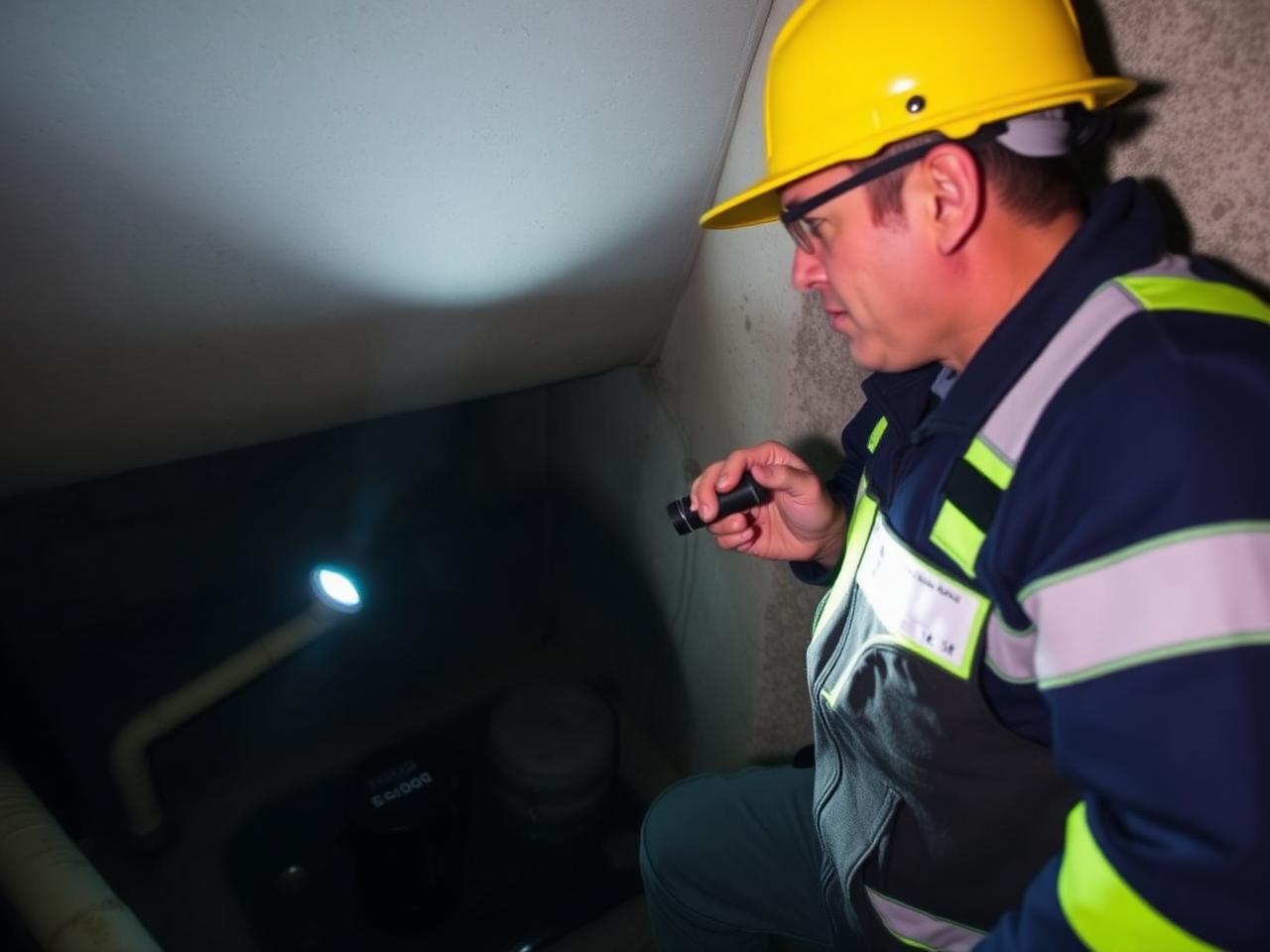Waterproofing contractor inspecting a basement wall