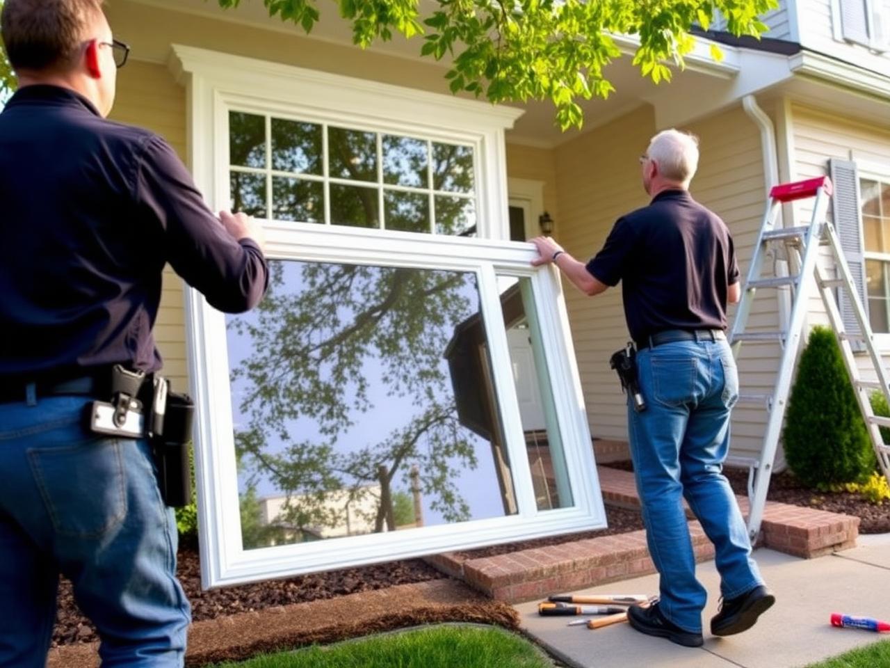Installers carrying a replacement window to a home